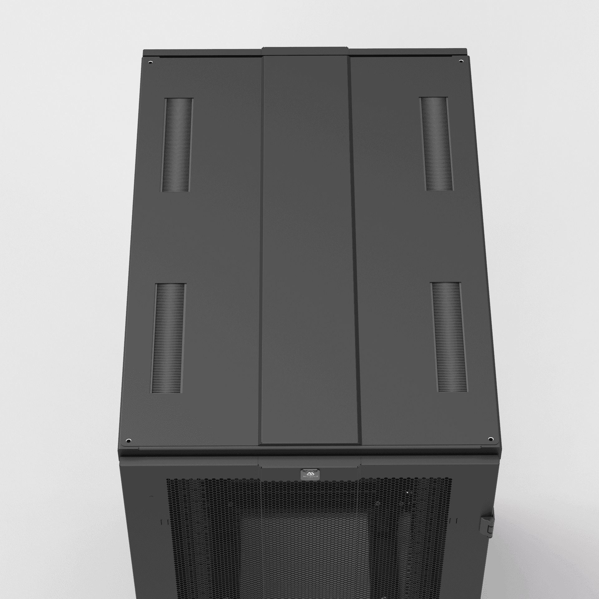 Wenvex DX-Series rack roof detail, brushed cable entryways for top cable management.