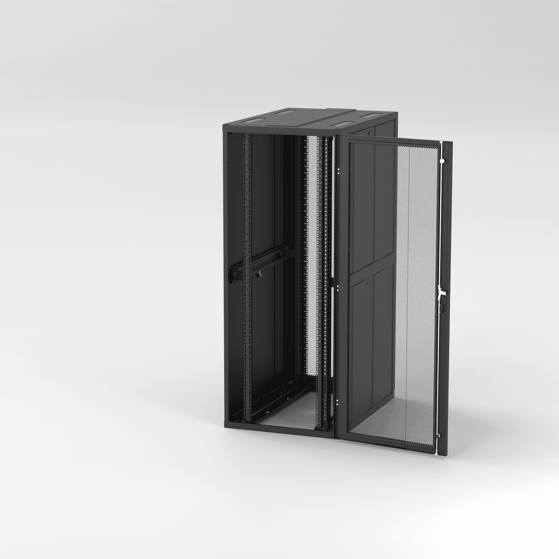 Wenvex DX-Series 42U rack, three-quarter view with front door open, showing internal mounting depth and the welded frame.