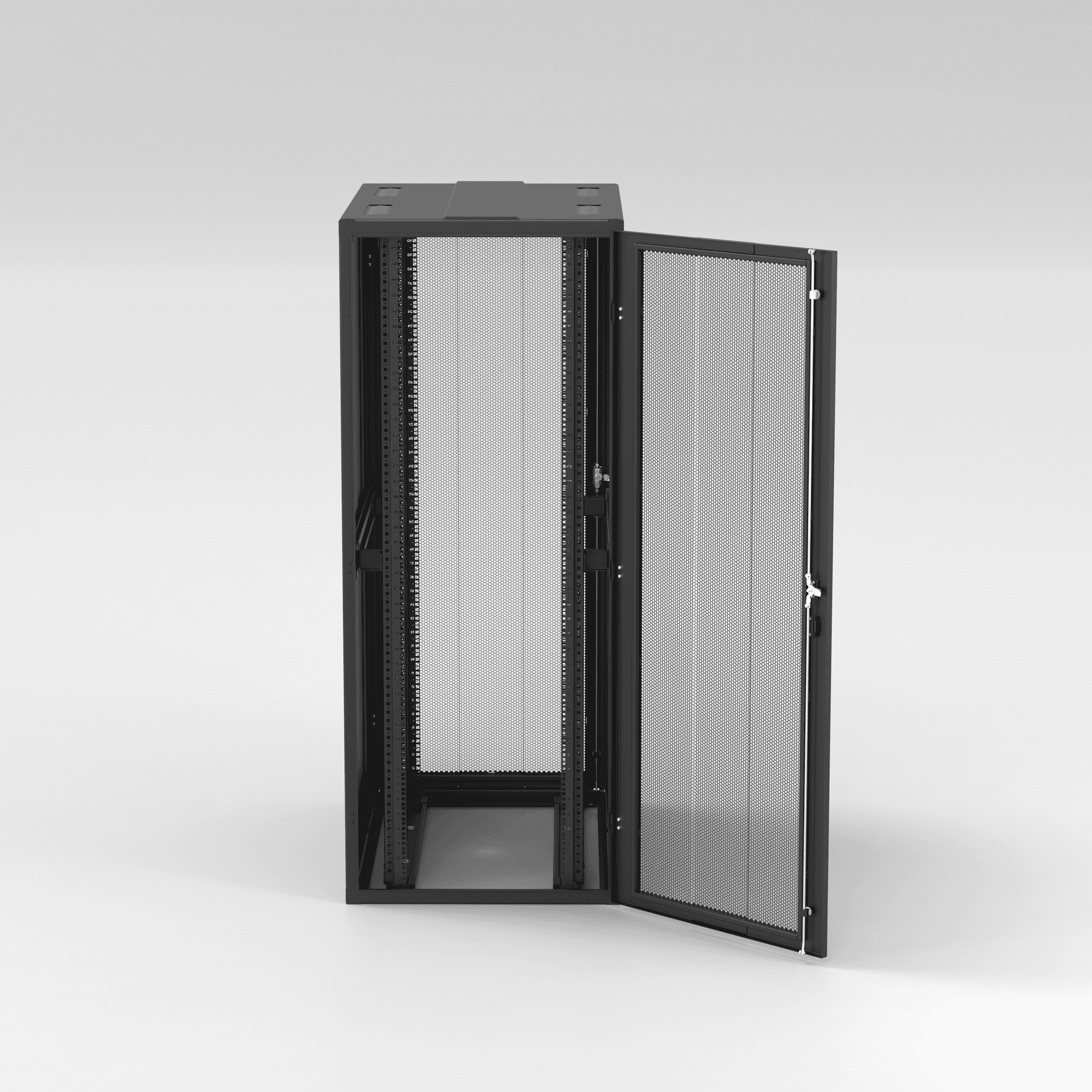 Wenvex DX-Series 42U rack with the mesh front door open, showing the four depth-adjustable 19-inch EIA mounting rails.