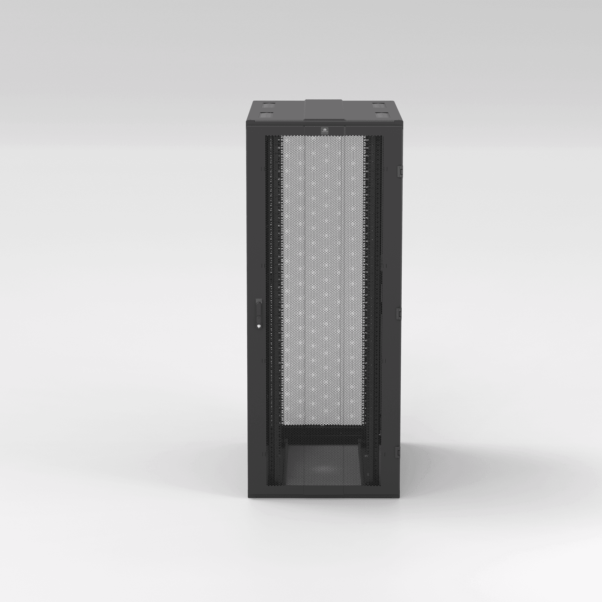 Wenvex DX-Series 42U rack, front elevation with closed 80% mesh front door and 3-point handle.