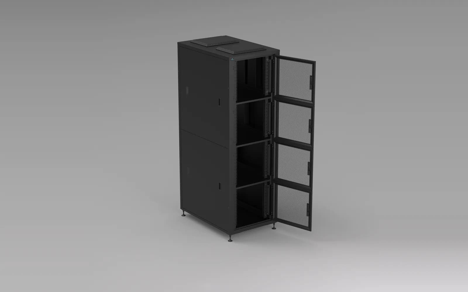 Wenvex W-Series welded colocation cabinet with four secure compartments, one compartment door open.