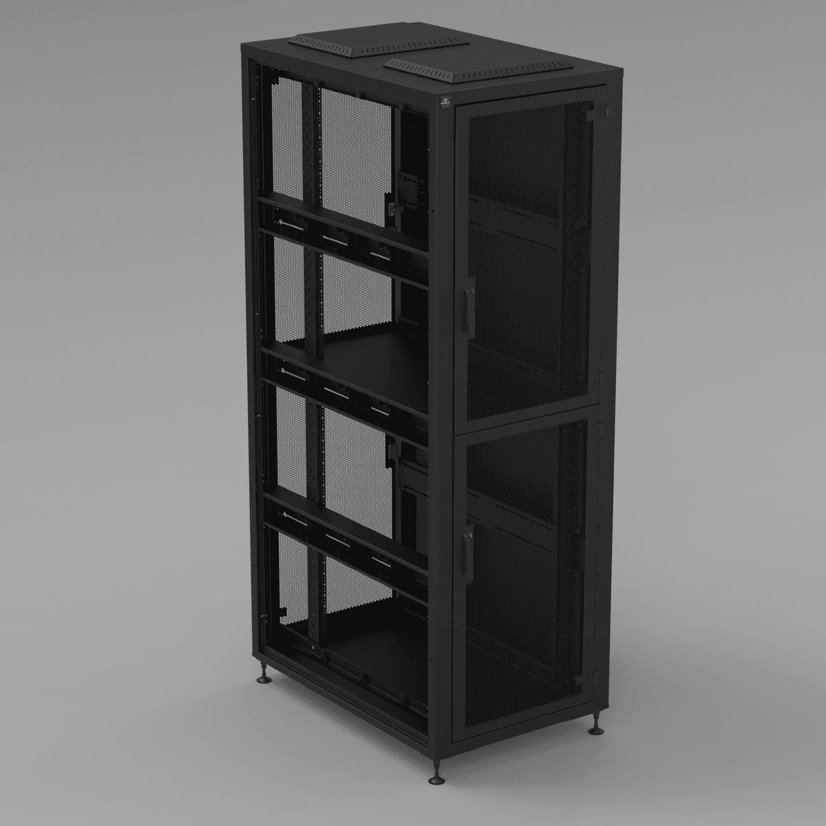 Wenvex W-Series welded colocation cabinet with open doors showing 19-inch EIA rails and multi-bay compartments.